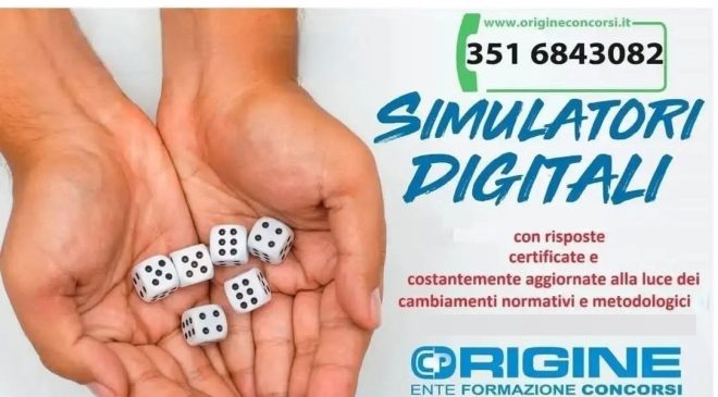 Hands cupped around six dice; promotional image for Simulatori Digitali training with contact info appears on the side.