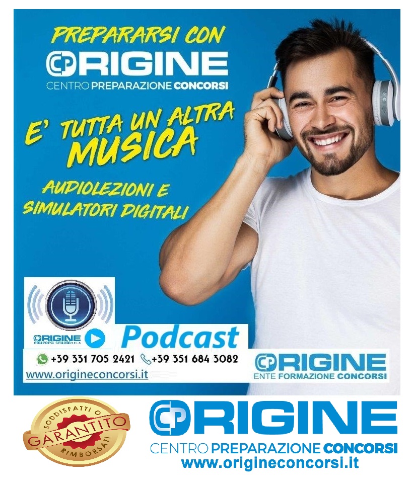 Smiling man wearing headphones on a blue promotional poster for Originè concorsi, featuring 'Podcast' and the slogan 'E' tutta un'altra musica'