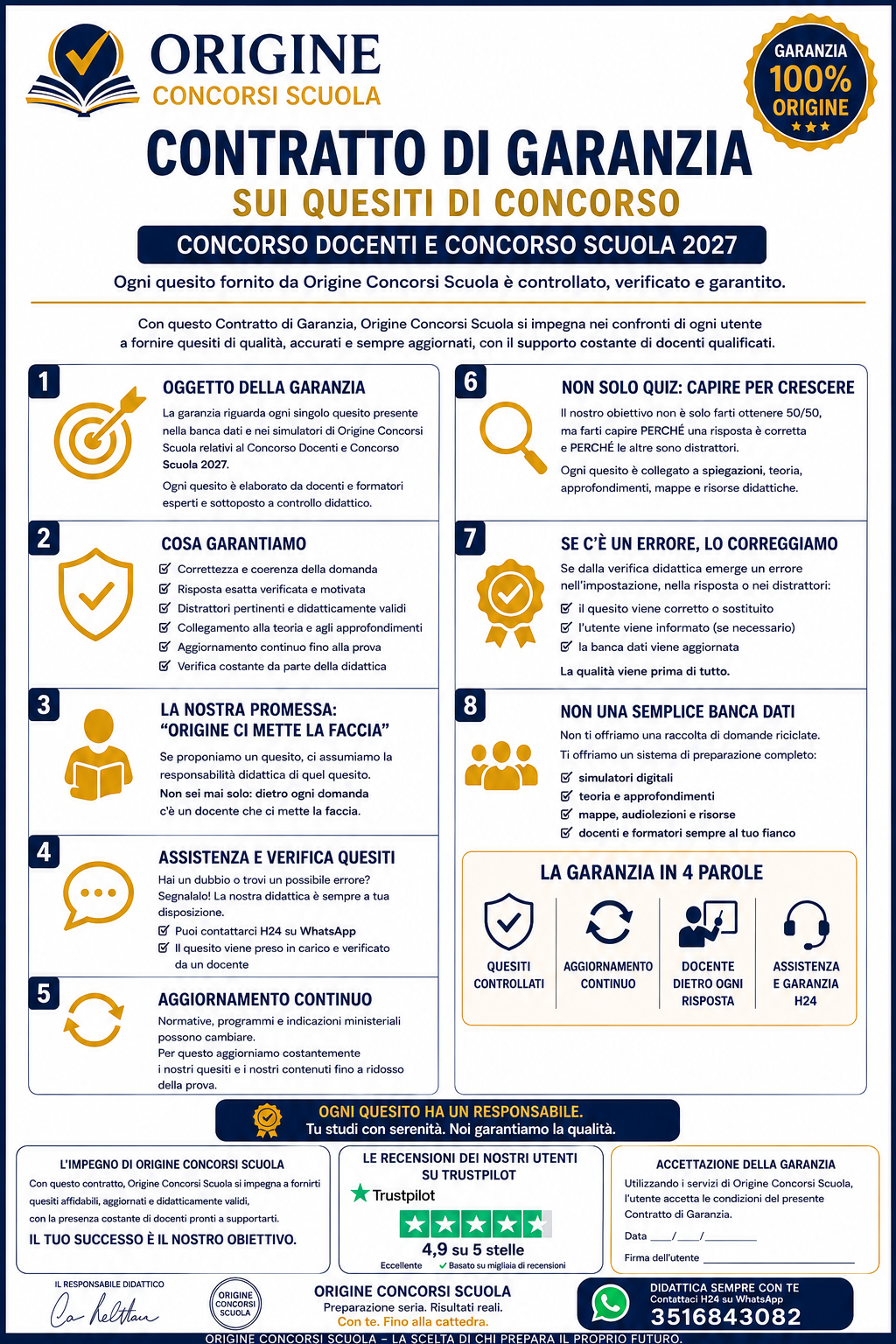 Infographic pubblicitario sul contratto di garanzia di Originie Scuola per concorso docenti e scuola 2027, evidenziando servizi e promesse chiave.