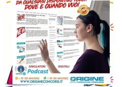 Advertisement for concorsi preparation services showing a woman interacting with a large touchscreen board; highlights include 'PREPARAZIONE CONCORSI', contact info and Trustpilot rating.