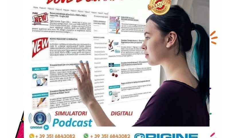 Advertisement for concorsi preparation services showing a woman interacting with a large touchscreen board; highlights include 'PREPARAZIONE CONCORSI', contact info and Trustpilot rating.