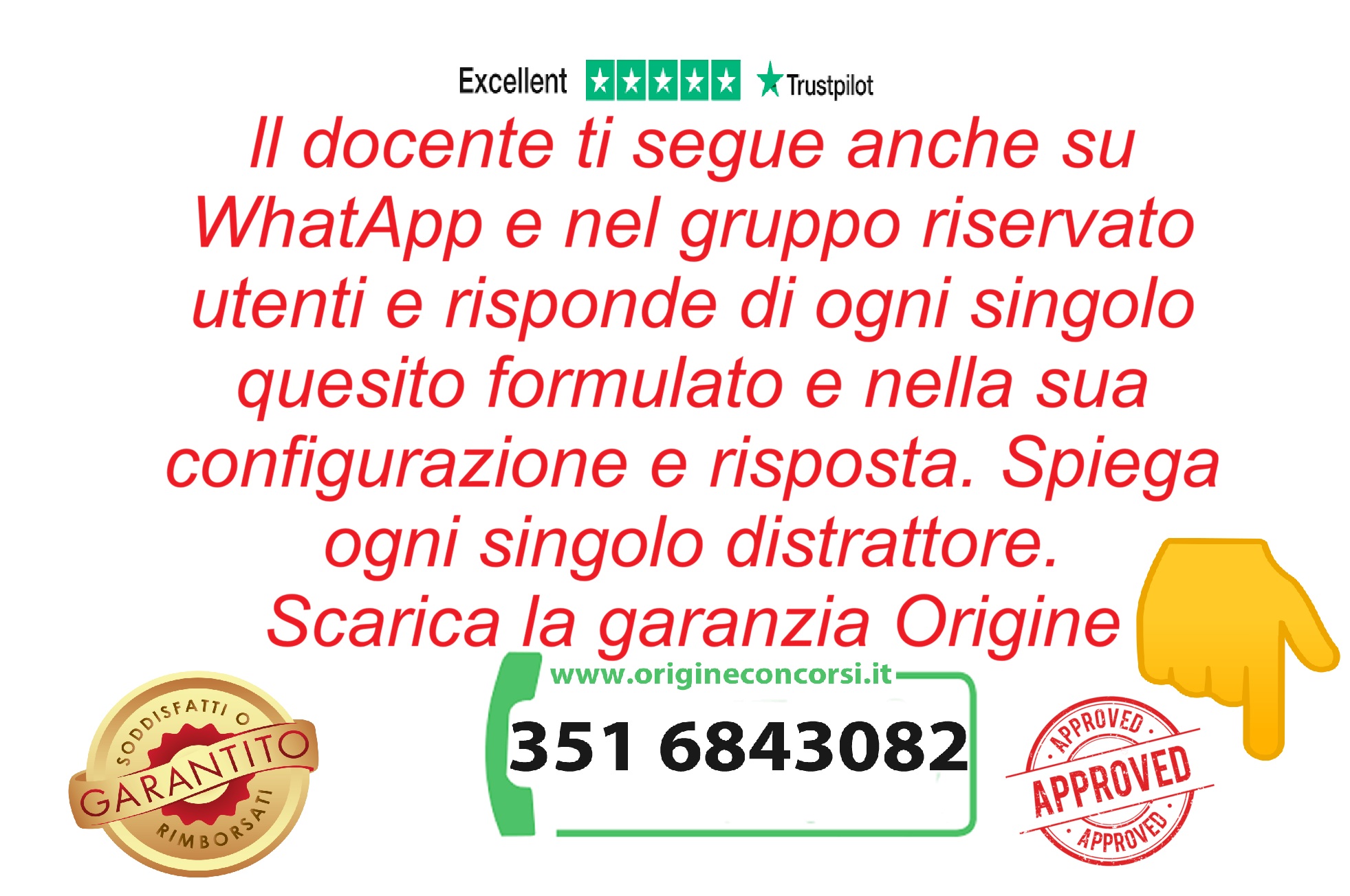 Promotional banner in italiano advertising tutoring with Trustpilot stars and 'Origine Corsi' logo. Includes stamps and a phone number.